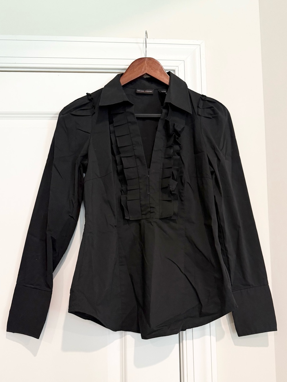 New York & Company Black Ruffle Front Blouse